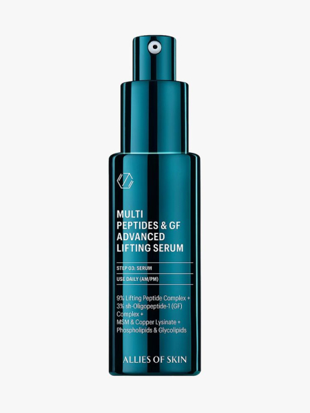Allies of Skin Multi Peptides & GF Advanced Lifting Serum in branded component on a light gray background